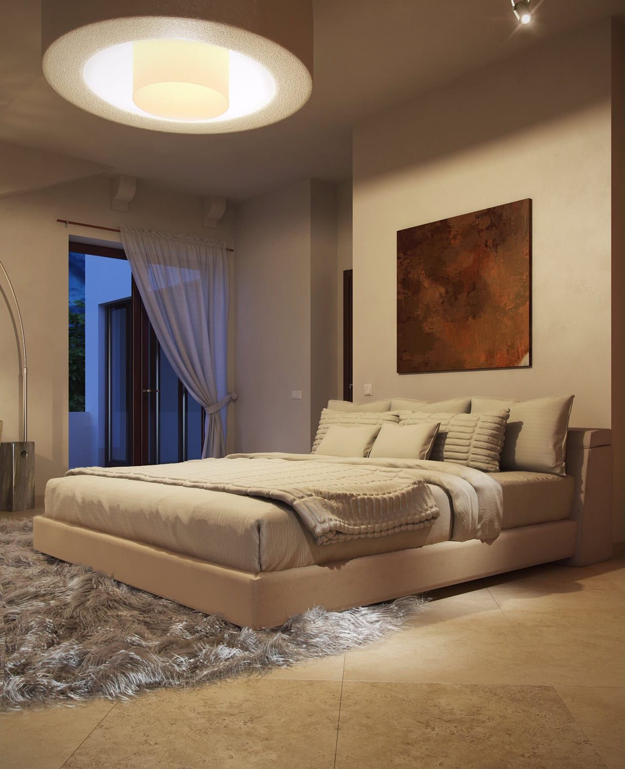Modern bedroom in a villa in Dobrota, Montenegro: a double bed, a fluffy rug, and access to the terrace.