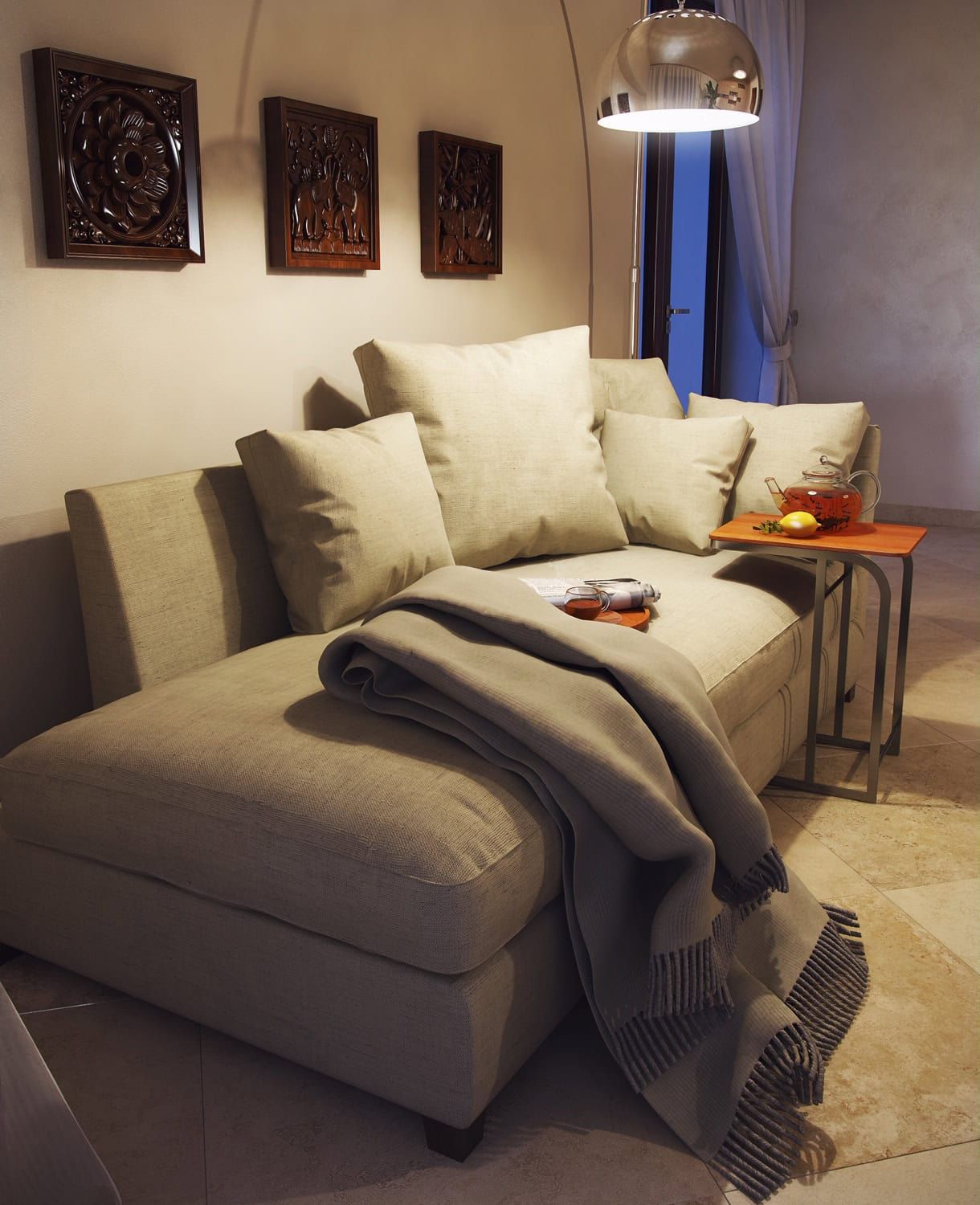 Cozy living room in a villa in Dobrota, Montenegro: a beige sofa with a throw, a stylish floor lamp, and wall decor.