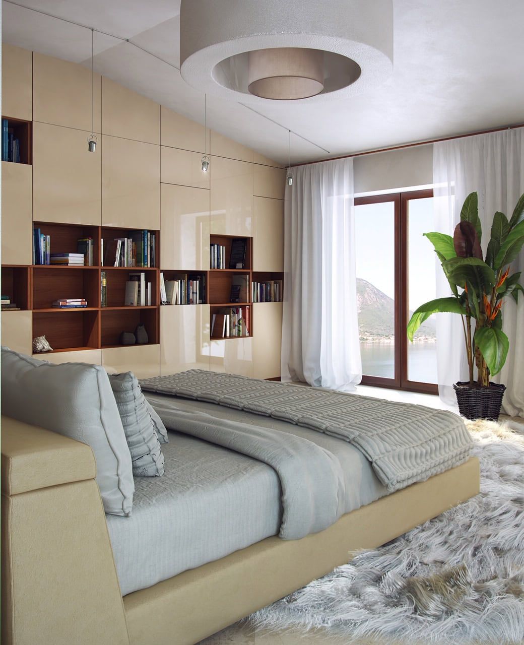 Modern bedroom in a villa in Dobrota, Montenegro: built-in wardrobe with shelves, double bed, and sea view.