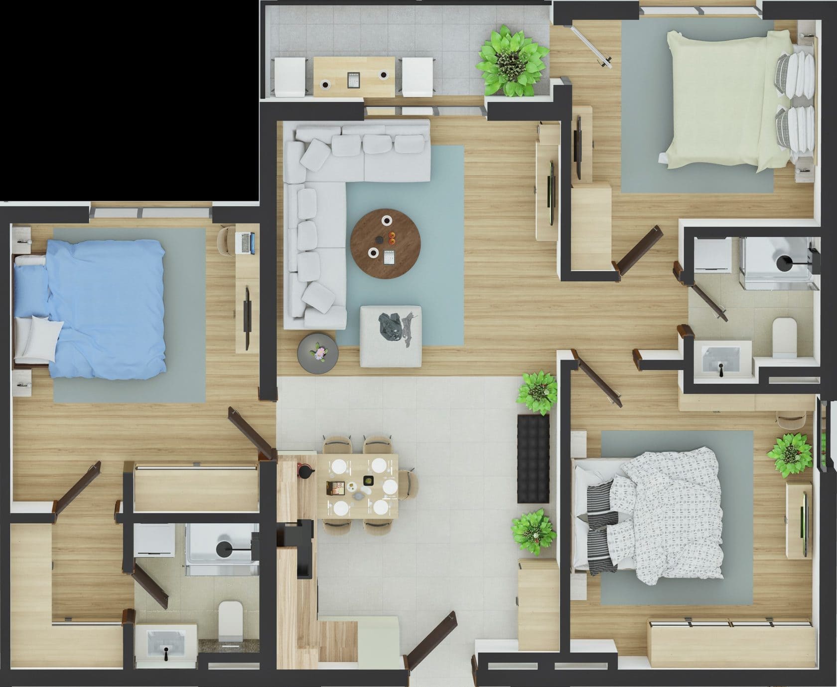 Apartment layout in Bar, Montenegro: 3 bedrooms, furnished living room, dining area, and two bathrooms, top view.