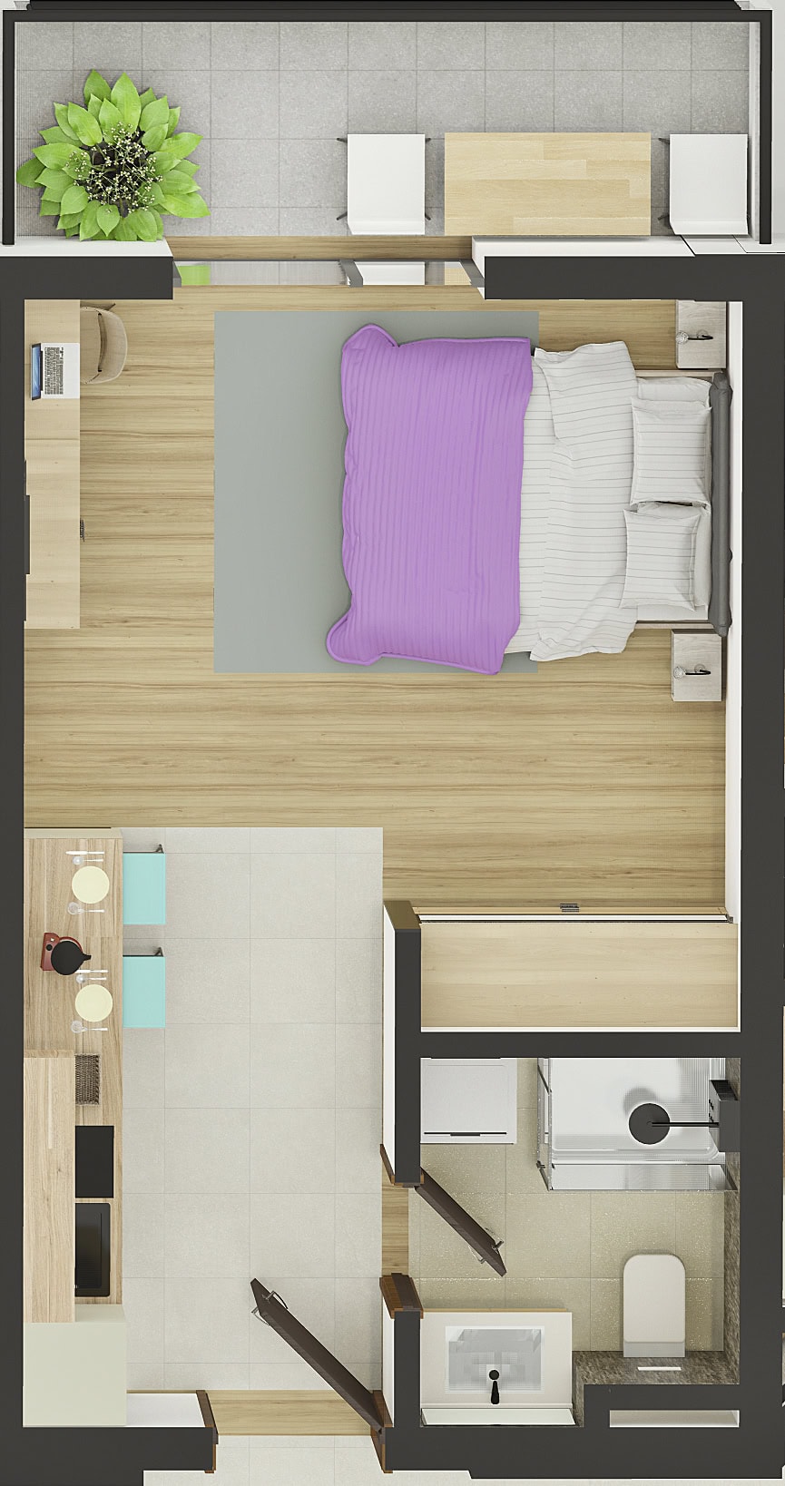 Apartment layout in Bar, Montenegro: bedroom with a double bed, terrace, kitchen, and bathroom, top view.