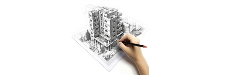 A hand drawing a 3D architectural model of a multi-story residential building on paper.