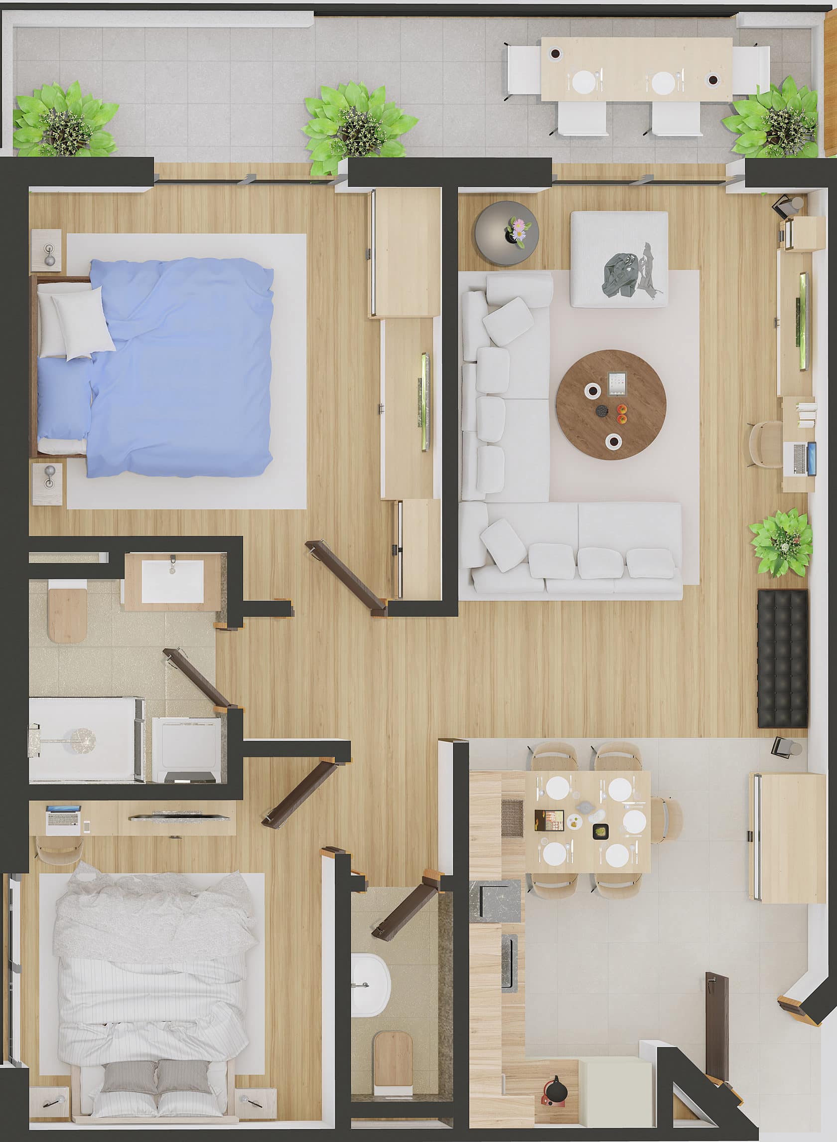 Apartment layout in Bar, Montenegro: two bedrooms, a living room, a kitchen, a terrace, and two bathrooms with modern furnishings.