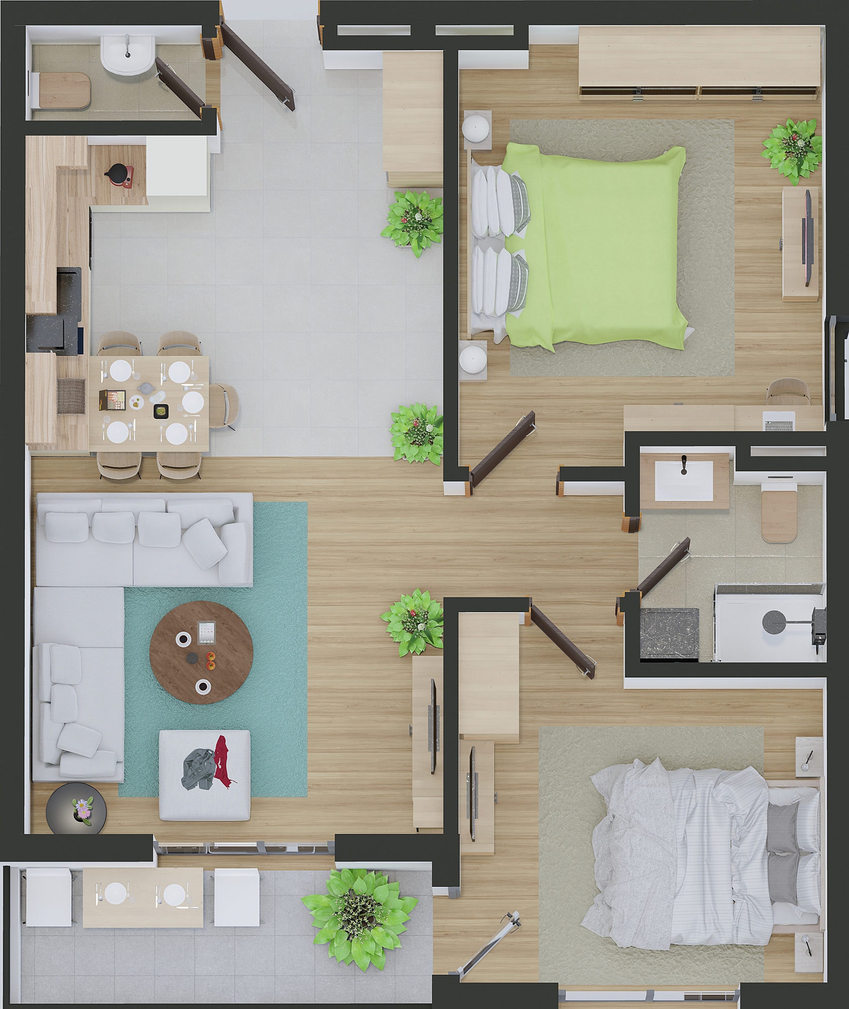 Apartment layout in Bar, Montenegro: 2 bedrooms, a living room with kitchen, dining area, and 2 bathrooms with modern furnishings.