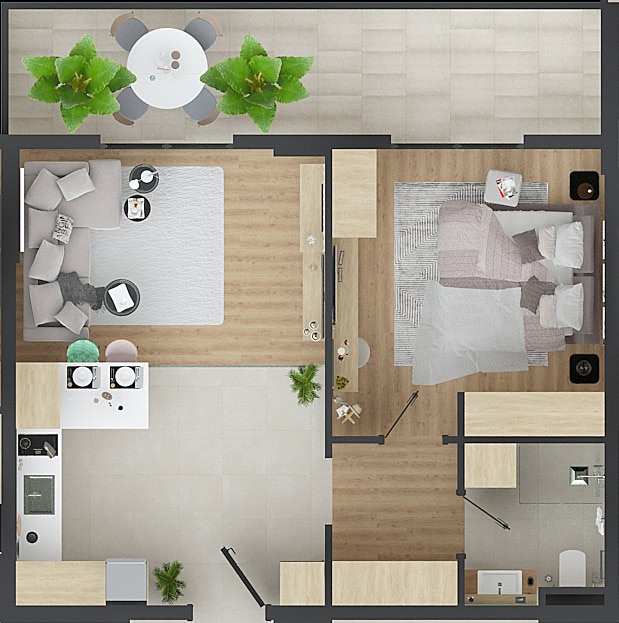 Apartment layout in Bar, Montenegro: living room with kitchen, bedroom, bathroom, and a furnished terrace, top view.