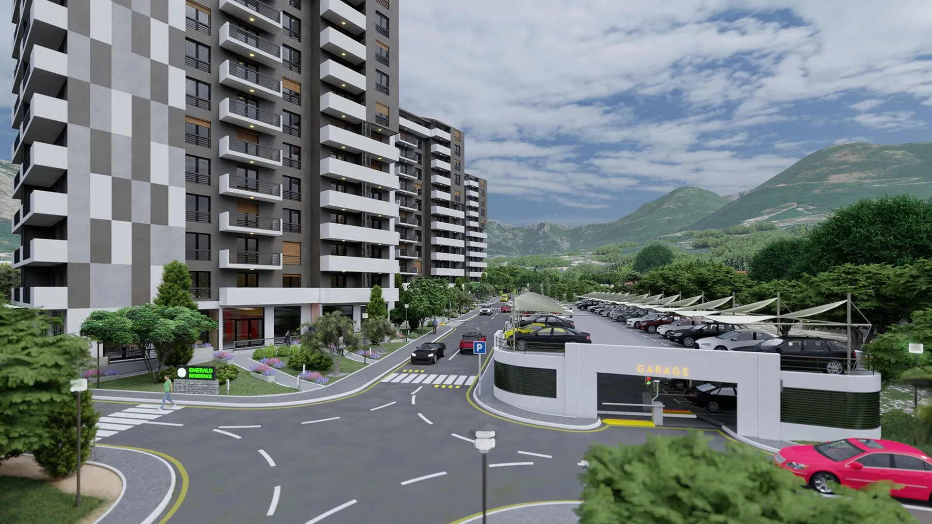 Exterior view of a multi-story residential complex with parking, roads, and mountains in the background.
