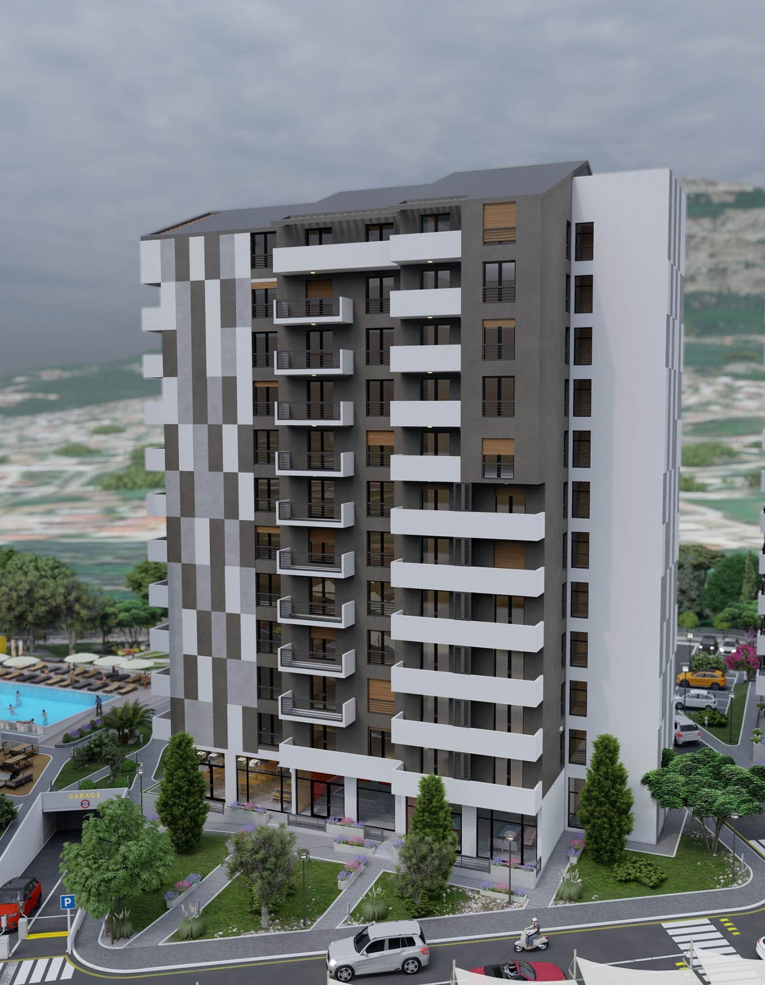 Modern residential complex with a pool and parking in Bar, Montenegro: exterior view of a multi-story building.