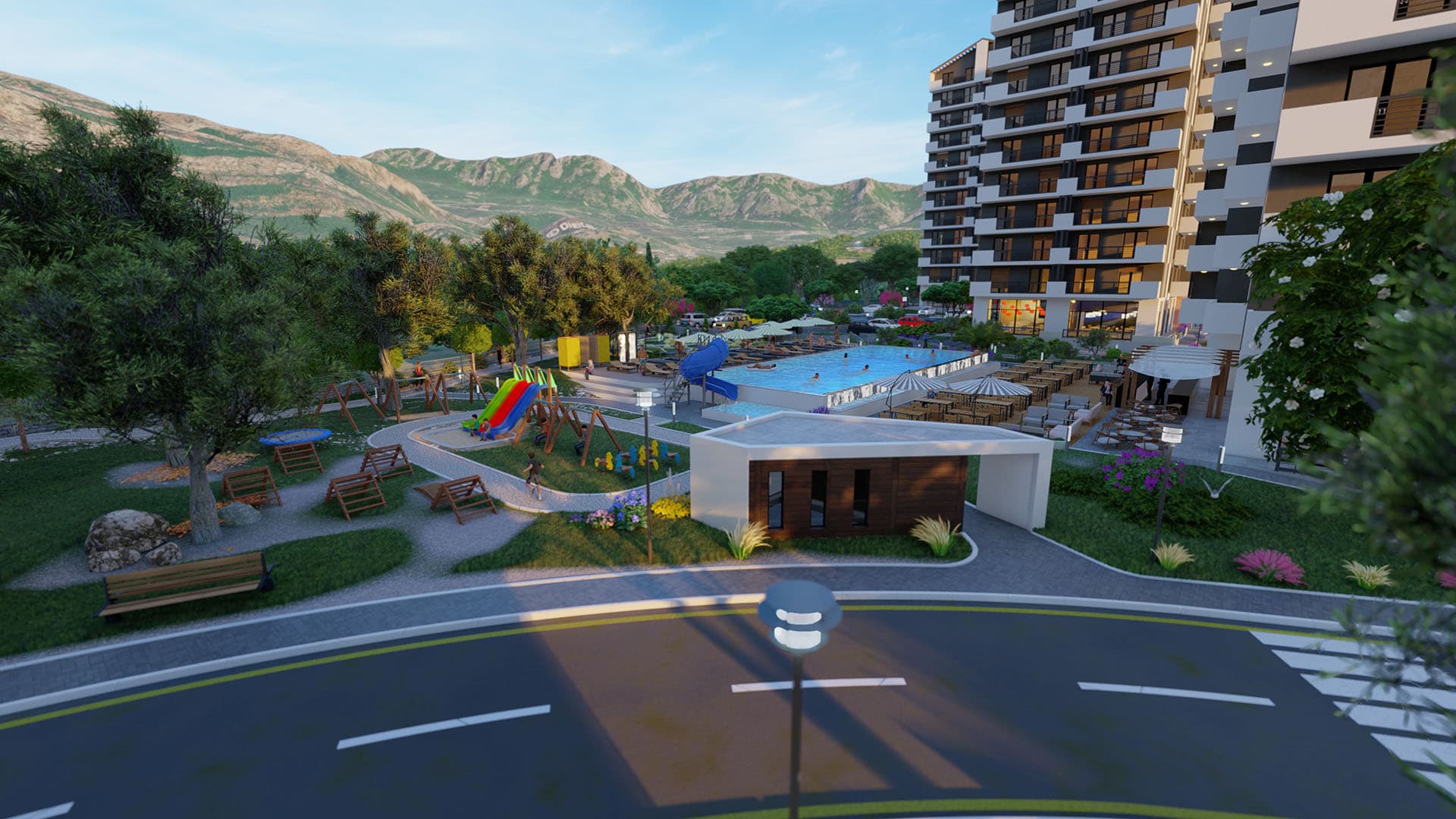 Residential complex in Bar, Montenegro: swimming pool, playground, and modern architecture against a mountain backdrop.