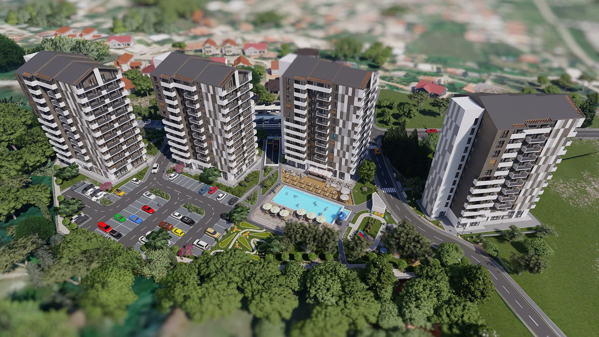 Top view of a modern residential complex with a pool and parking in Bar, Montenegro. New apartment project.