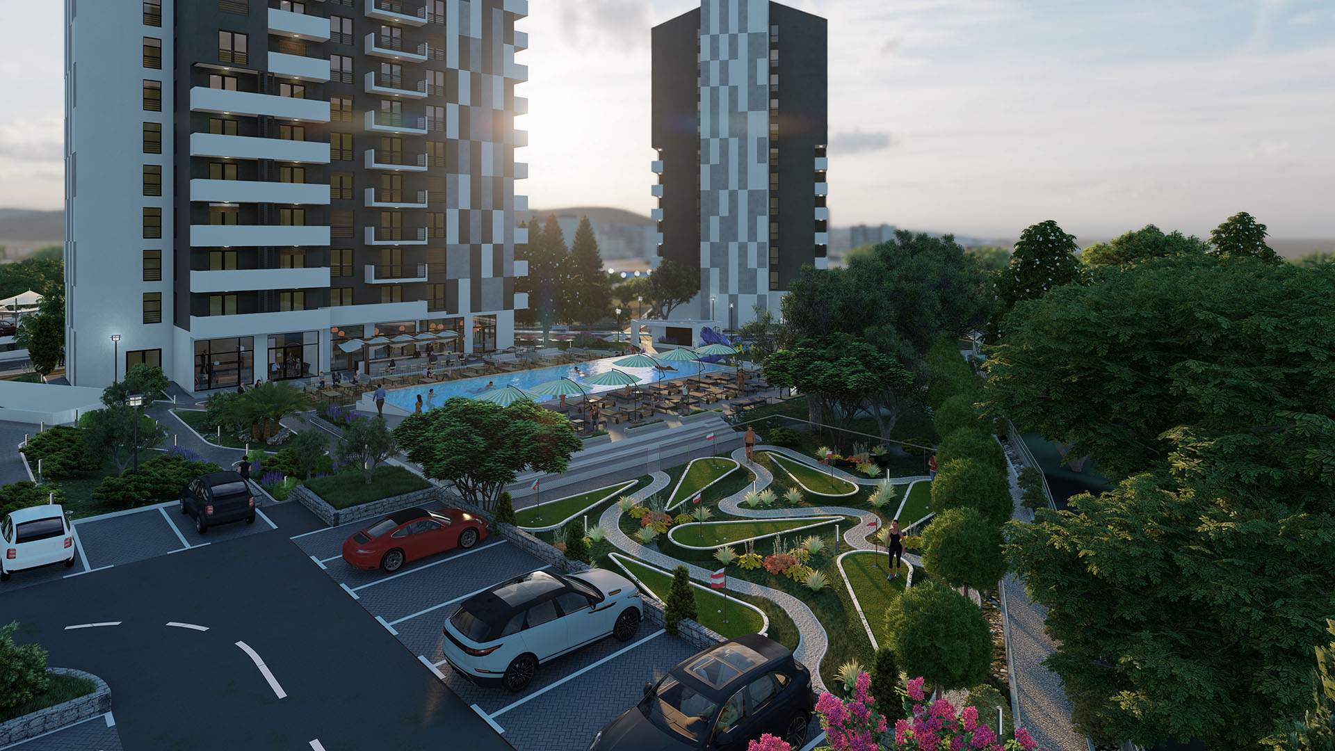 Modern residential complex in Bar, Montenegro: swimming pool, parking, and a mini-golf course on the grounds.