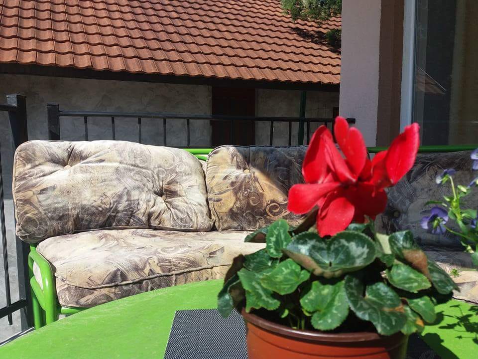 Cozy balcony with a soft sofa and a red flower in a house, Shushan, Montenegro. View of a tiled roof.