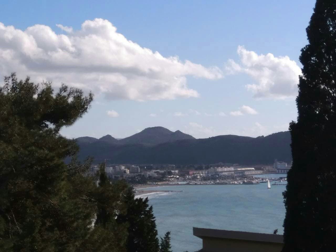 Panoramic view of the sea, mountains, and the city bay of Šušanj, Montenegro, from the house terrace surrounded by conifer trees.