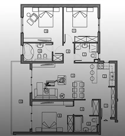Architectural floor plan of an apartment showing layout of bedrooms, bathroom, kitchen, and living areas.