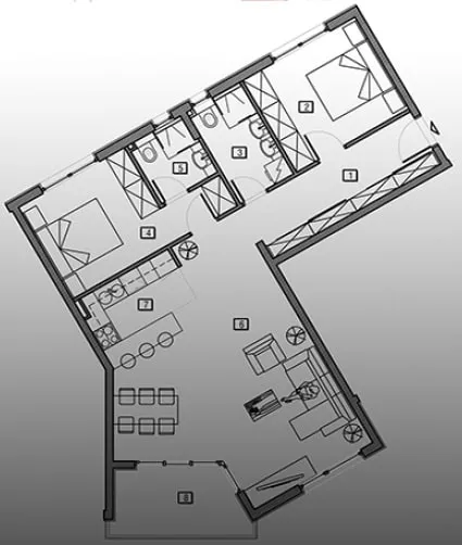 Architectural floor plan of an apartment showing rooms, kitchen, bathrooms, and living areas.