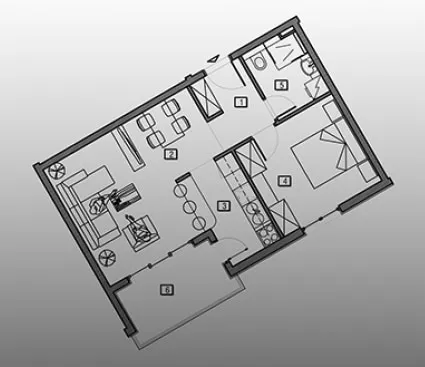 Detailed 3D apartment floor plan showing labeled zones for living room, kitchen, bedroom, bathroom, and balcony.