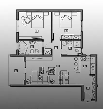 Architectural floor plan of an apartment showing labeled rooms including bedrooms, bathroom, kitchen, and living area.