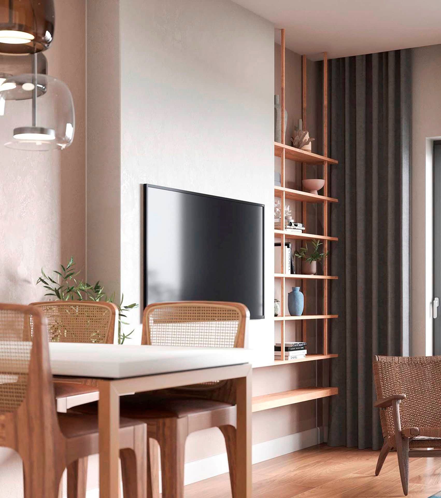 Living room interior at Boka Place hotel, Tivat, Montenegro: dining area, wooden furniture, and a shelving unit with decor.