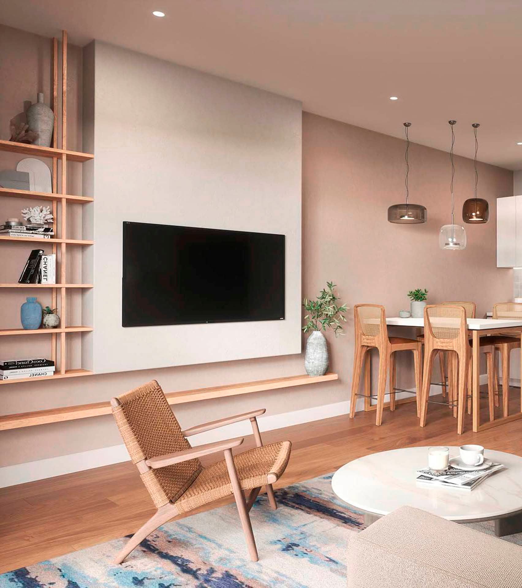 Modern living room at Boka Place hotel, Tivat, Montenegro: designer furniture, TV area, and a bright interior.