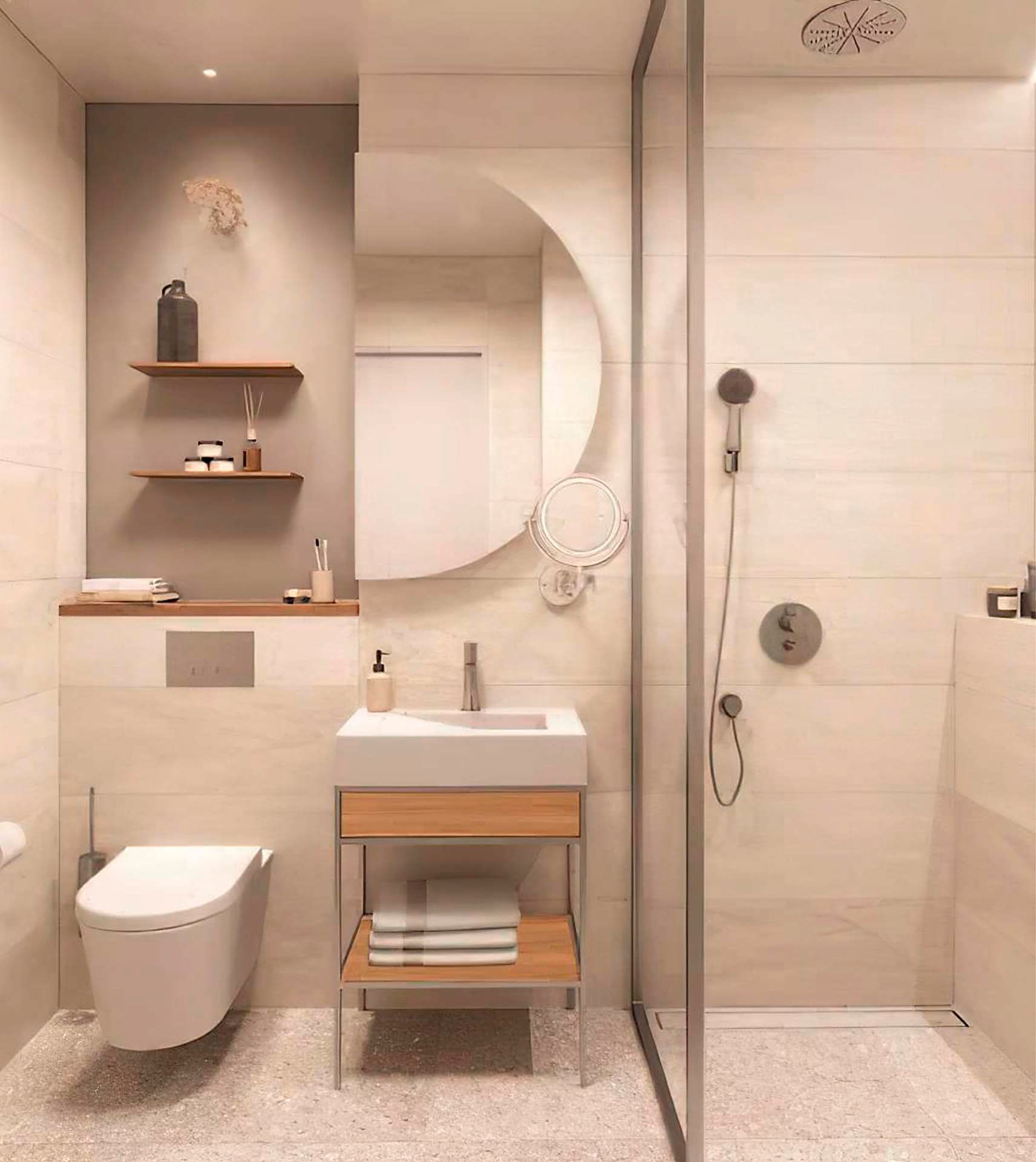 Modern bathroom in Boka Place hotel, Tivat, Montenegro: shower cabin, stylish furniture and decor.