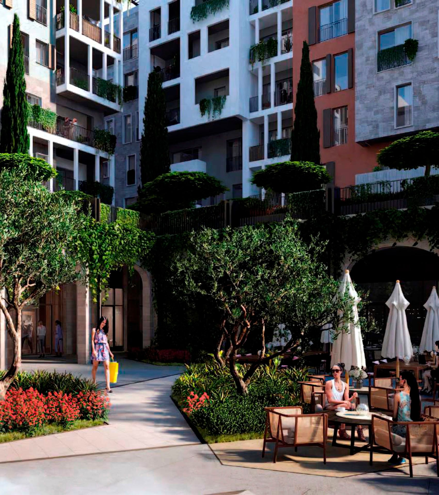 Hotel courtyard at Boka Place in Tivat, Montenegro: modern architecture, landscaping, and a summer café.