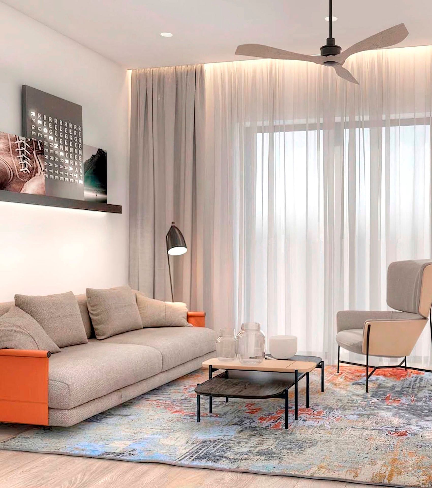 Modern living room at Boka Place hotel, Tivat, Montenegro: designer sofa, armchair, and stylish decor in the interior.