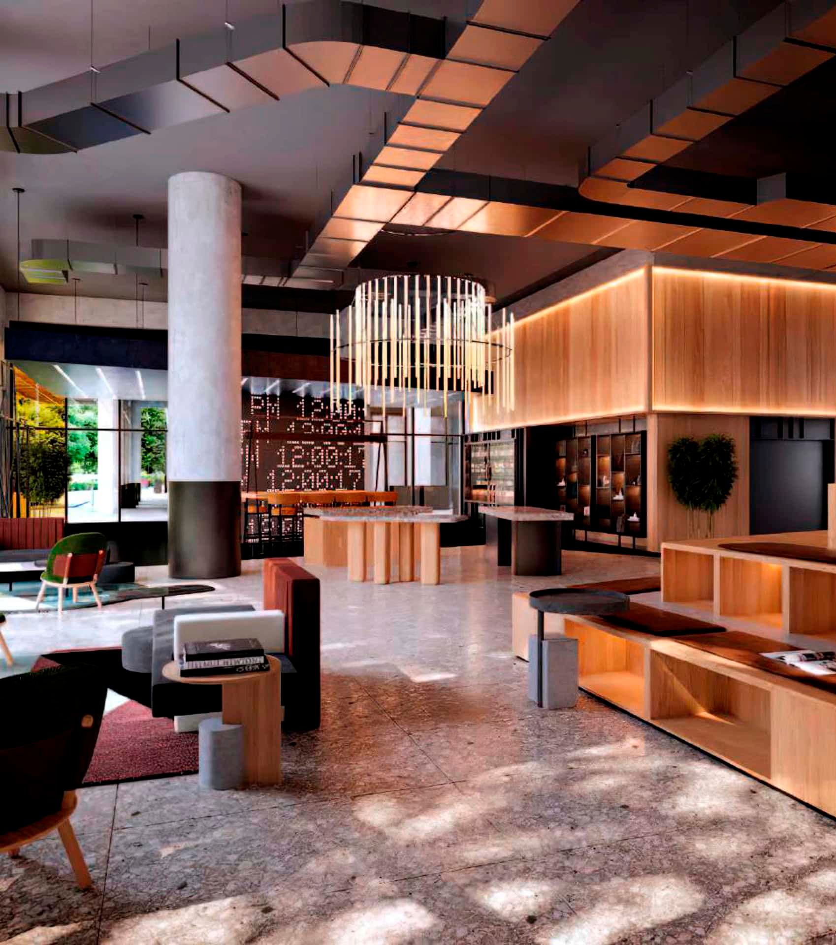 Interior design of the lobby at Boka Place hotel in Tivat, Montenegro: modern furniture, stylish lighting, and decor.