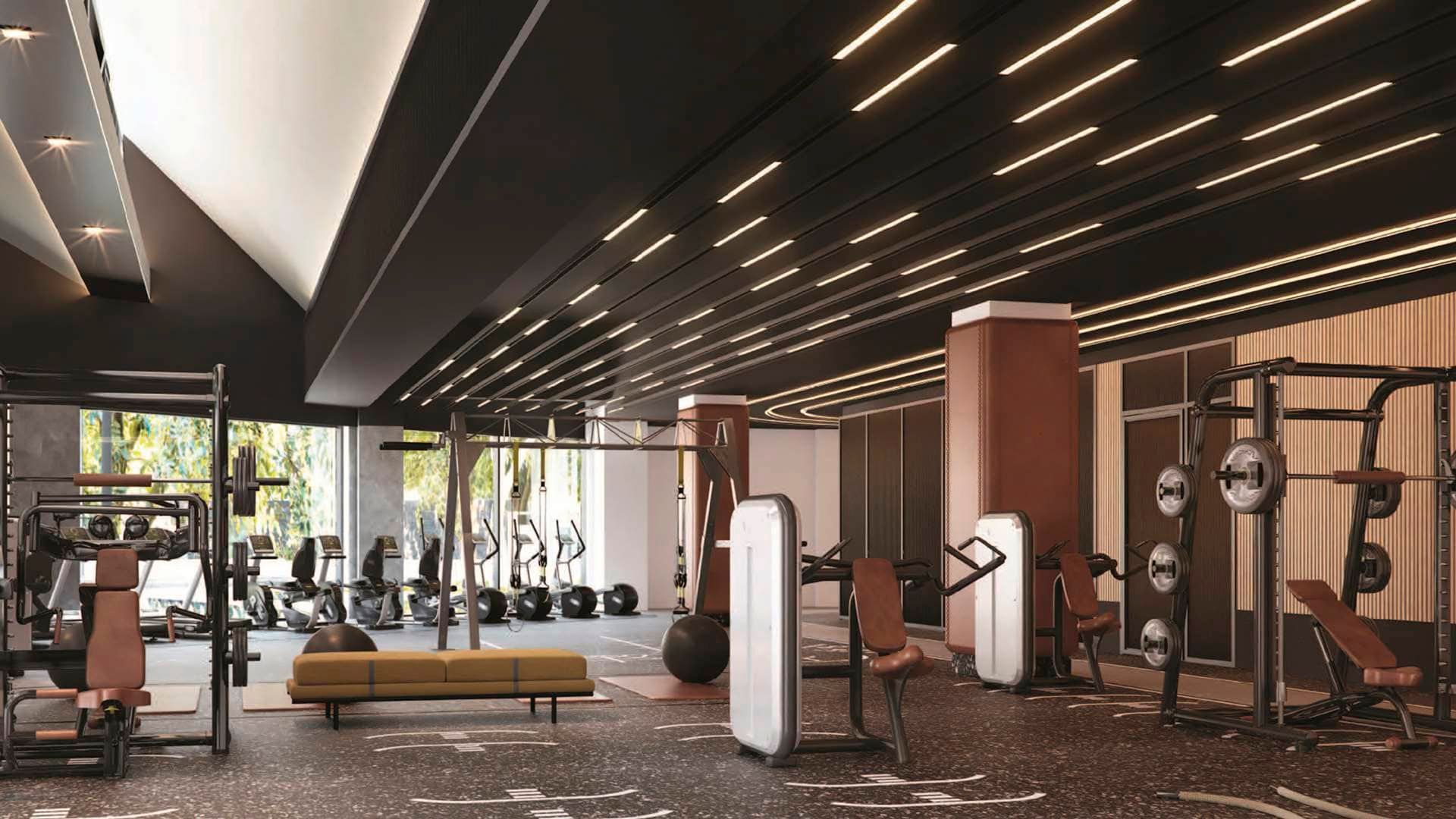 Modern gym with professional equipment at Boka Place hotel, Tivat, Montenegro.