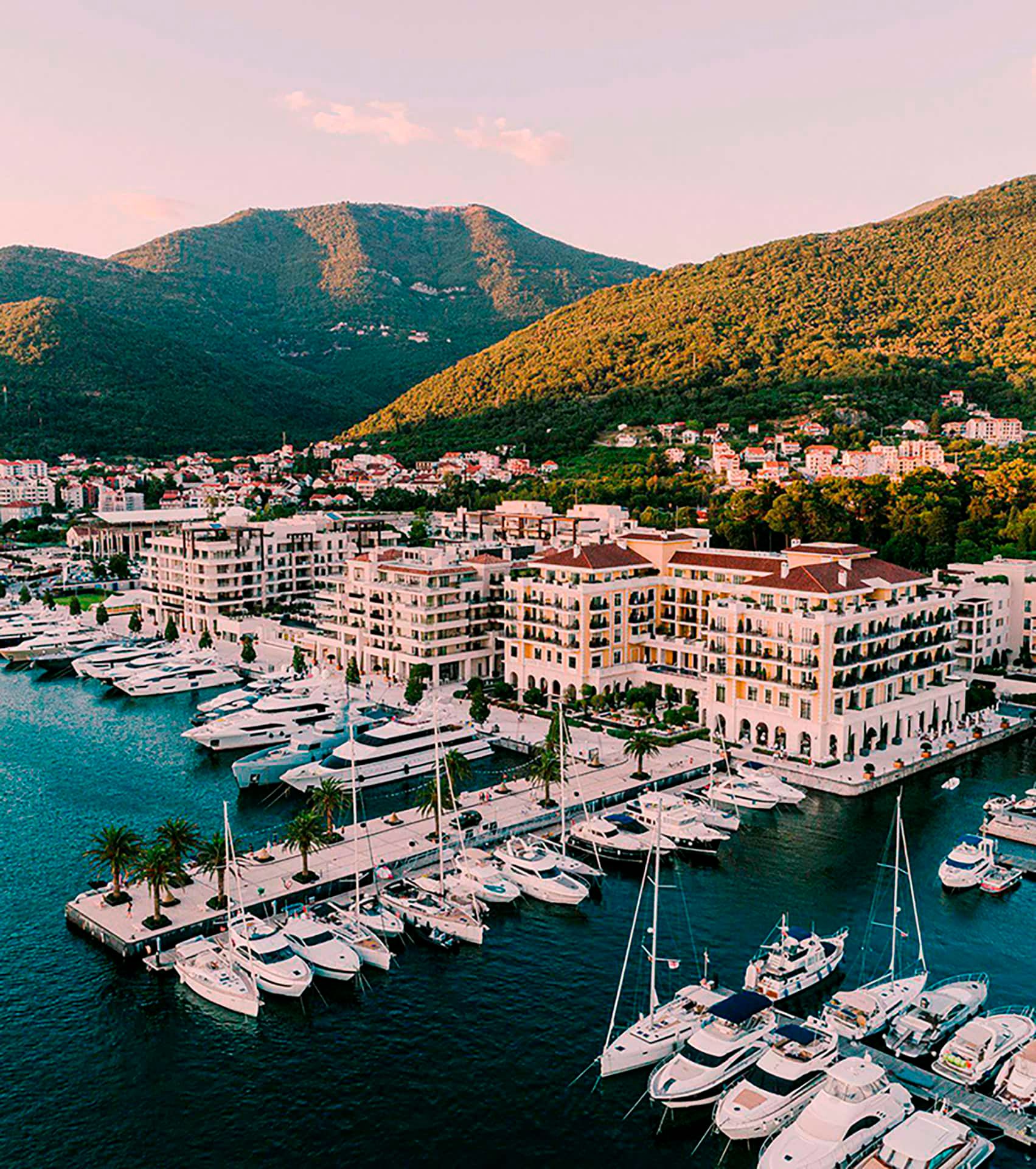 Aerial view of Boka Place hotel and the luxury Porto Montenegro marina in Tivat, Montenegro.