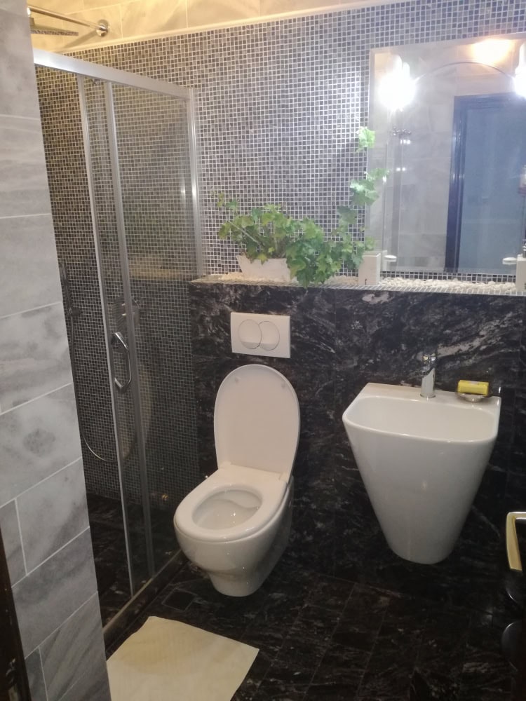 Modern bathroom in a house in Bar, Montenegro: shower cabin, stylish fixtures, and dark marble finishes.