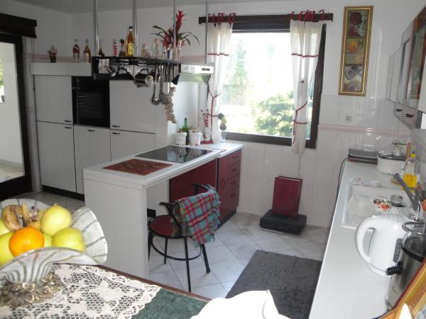 Bright kitchen in a house in Bar, Montenegro: kitchen cabinets, breakfast bar, stove, and a view of the garden from the window.