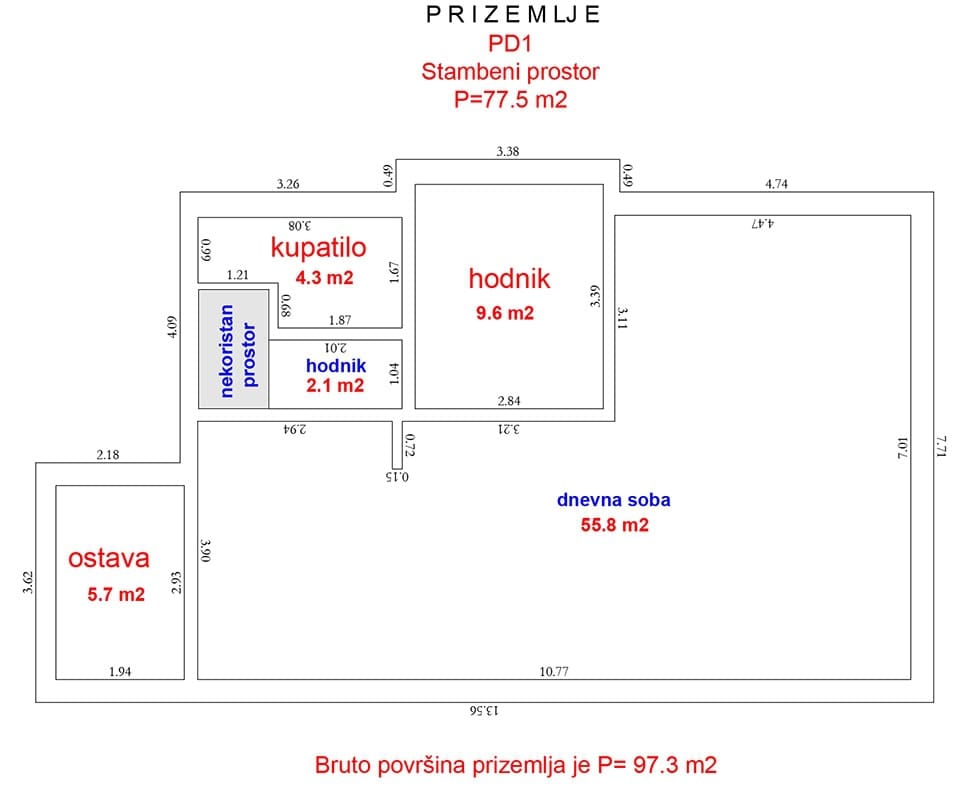Floor plan of a 77.5 m² house in Dobri Vody, Montenegro: layout of rooms, living room, bathroom, and storage room with dimensions.