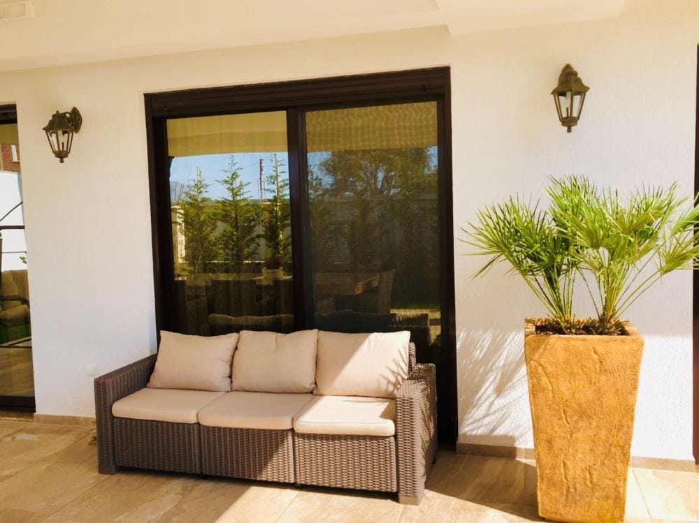 Cozy terrace with a wicker sofa and a palm tree in the house, Dobrye Vody, Montenegro. Panoramic glazing and light finishes.