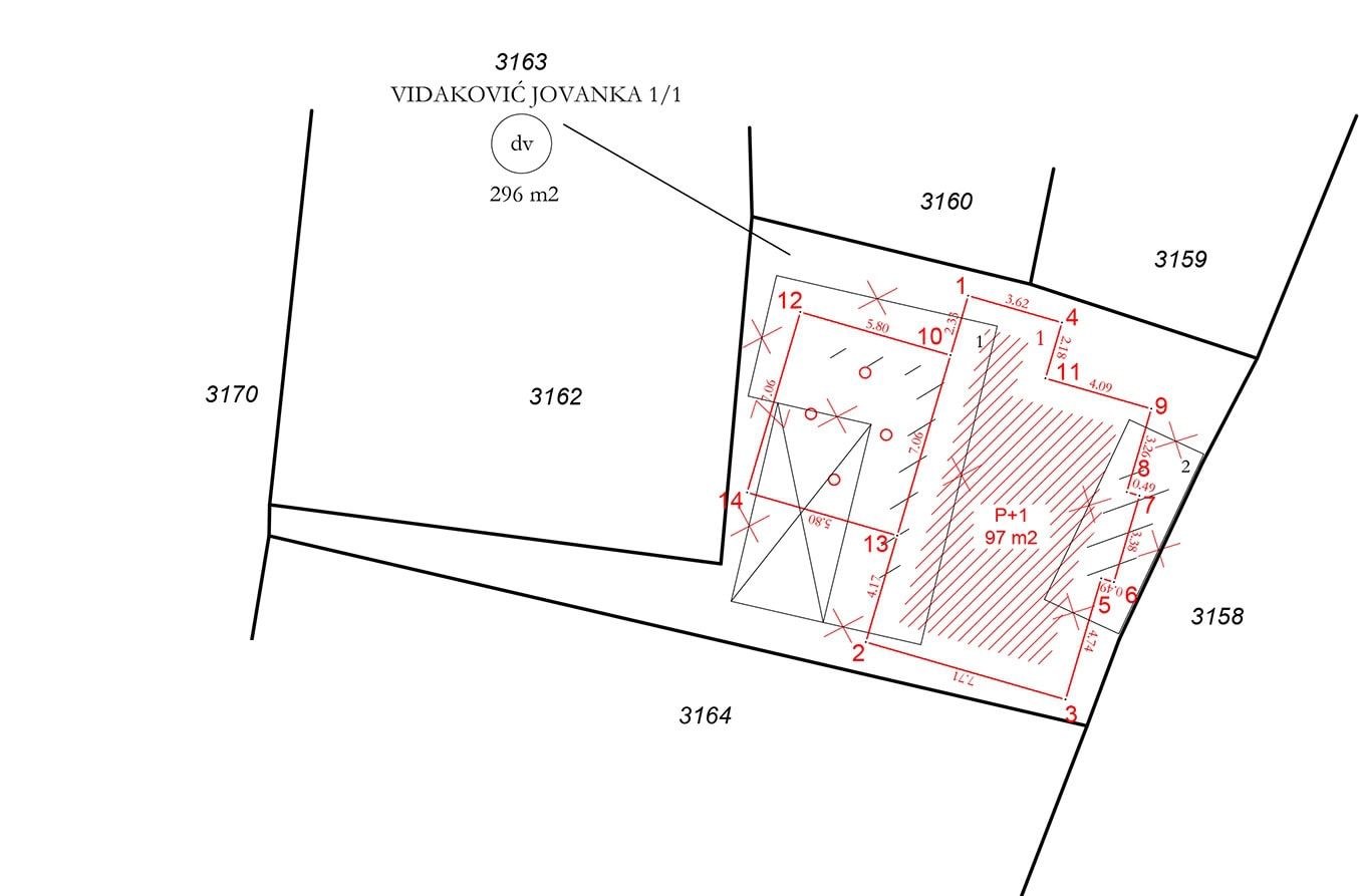 Cadastral plan of a 296 m² plot with a 97 m² house in Dobra Voda, Montenegro for property development.