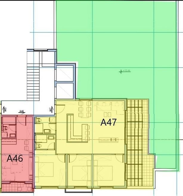 Architectural floor plan of apartments A46 and A47 with a terrace in a residential complex, Budva, Montenegro: layout and zoning.