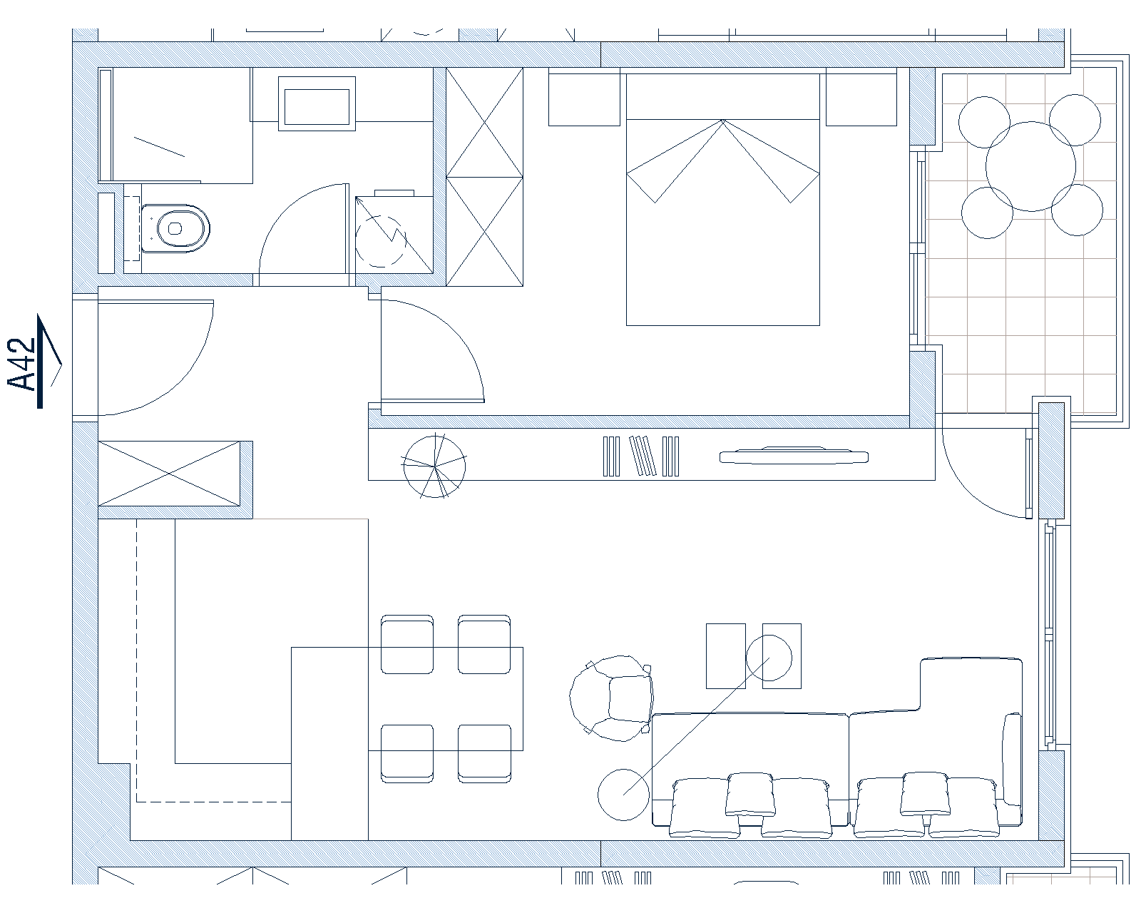 Apartment layout in Budva, Montenegro: living room with kitchen, bedroom, bathroom, and a balcony with a seating area.