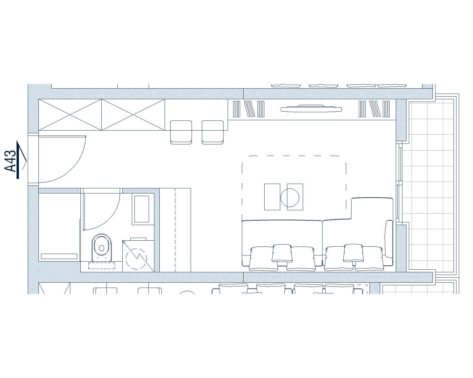 Layout of the living room with a terrace in an apartment in Budva, Montenegro: furniture arrangement and space zoning plan.