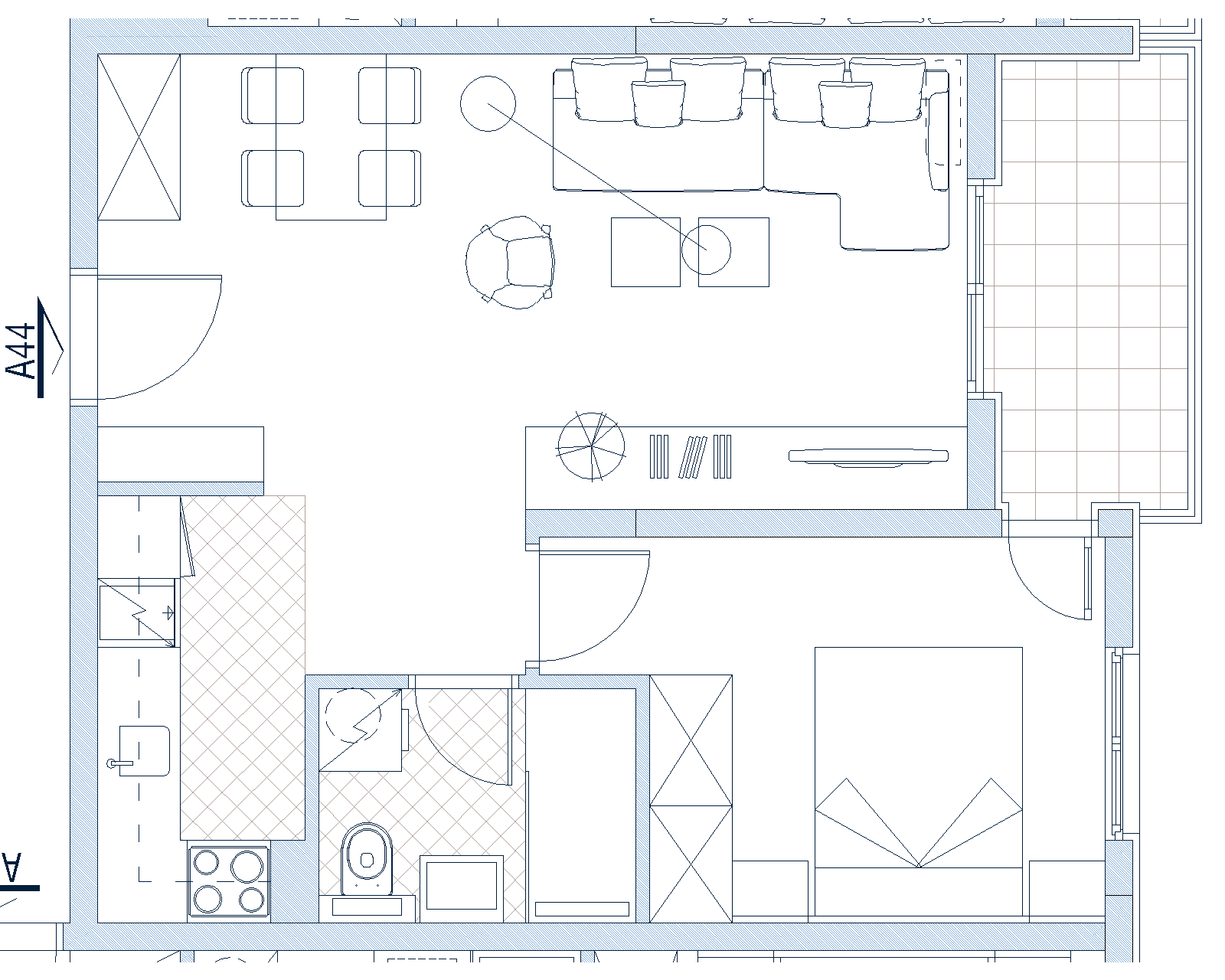 Apartment layout in Budva, Montenegro: living room with kitchen, bedroom, and terrace, top view on the floor plan.