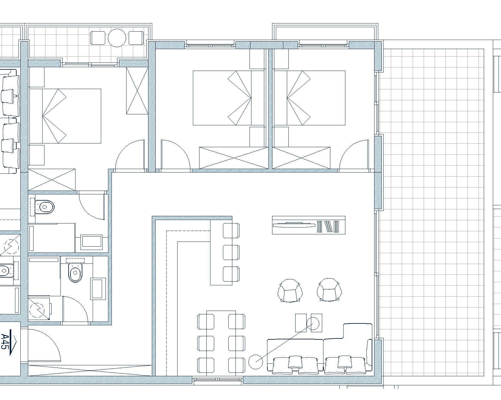 Apartment layout in Budva, Montenegro: living room with kitchen, two bedrooms, two bathrooms, and a spacious terrace.