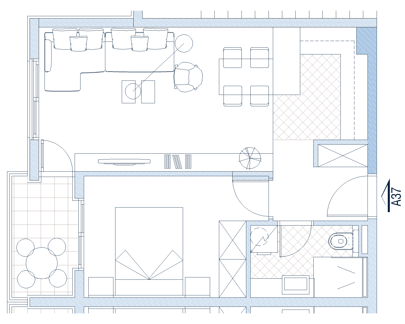 Apartment layout in Budva, Montenegro: living room with kitchen, bedroom, bathroom, and a furnished terrace.