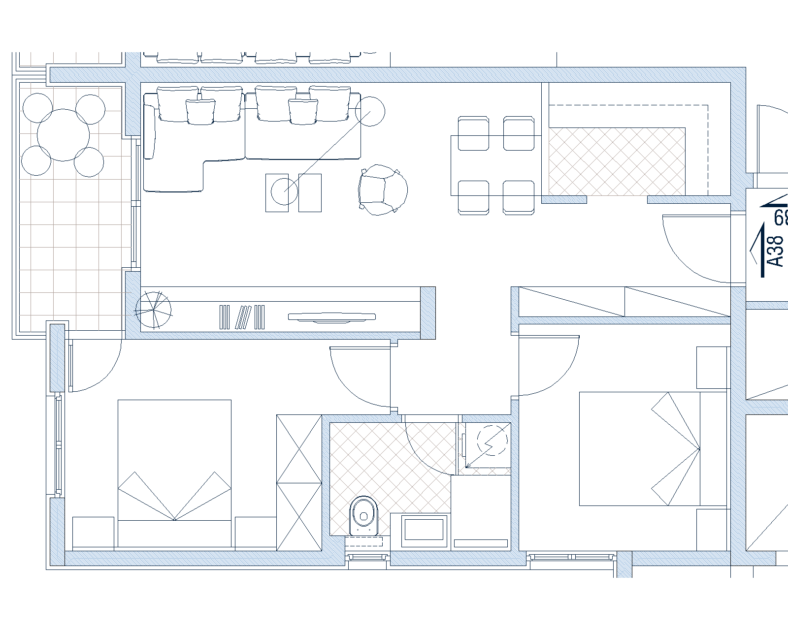 Apartment layout in Budva, Montenegro: living room with terrace, dining area, and two bedrooms on the floor plan.