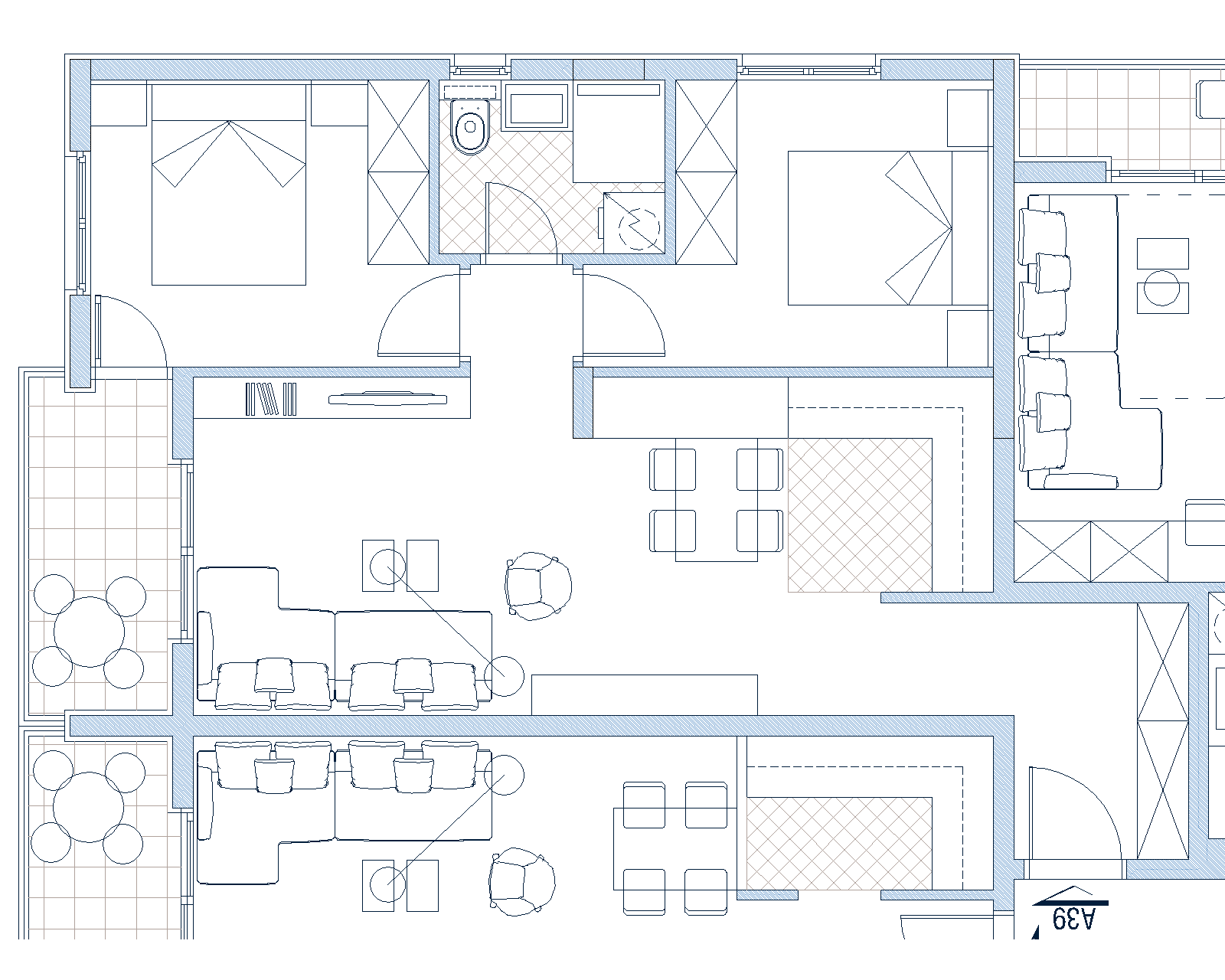 Apartment layout in Budva, Montenegro: a detailed drawing of the living room with dining area, soft furniture, and a terrace.