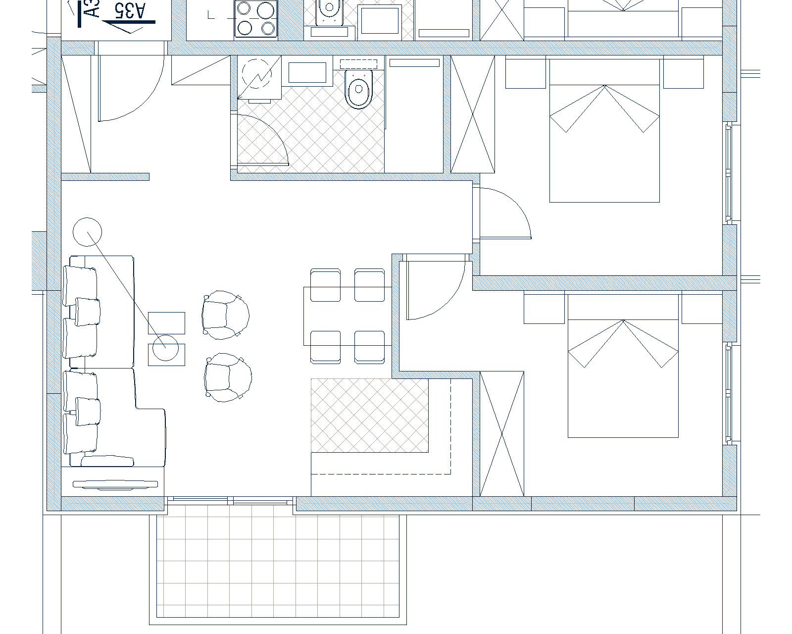 Floor plan of an apartment with two bedrooms, a living room, and a terrace in Budva, Montenegro: a detailed drawing of the residential property.