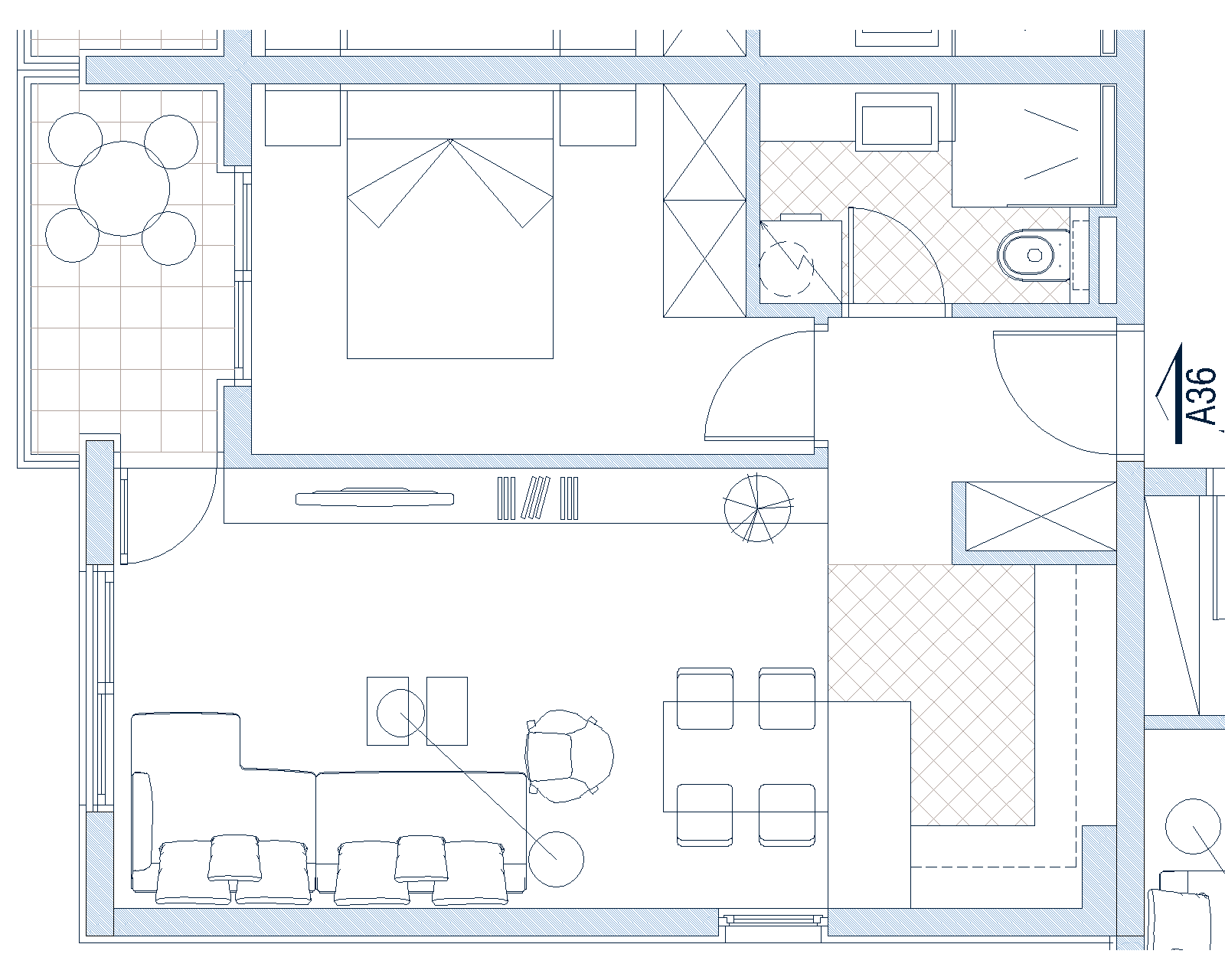Apartment layout in Budva, Montenegro: living room with kitchen, bedroom, bathroom, and a terrace with lounge furniture.