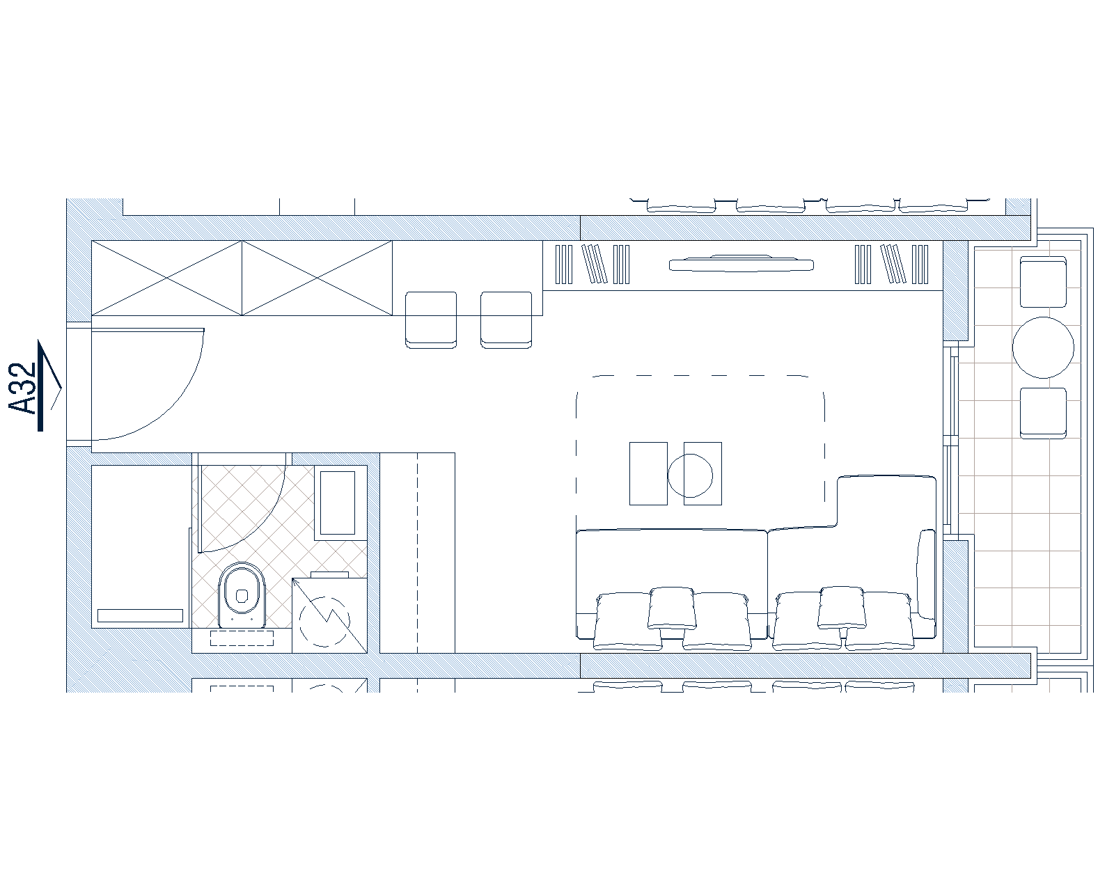 Layout of the living room with terrace in the apartment, Budva, Montenegro: furniture and bathroom layout.