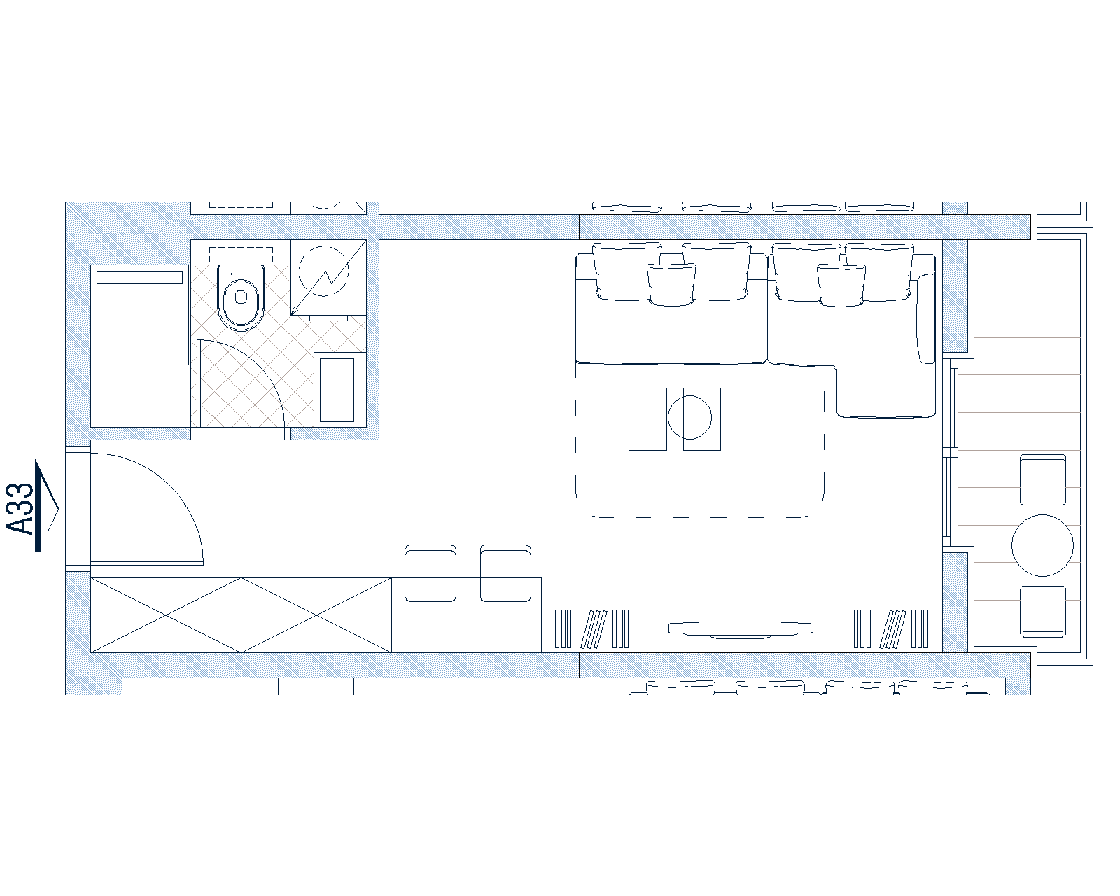 Apartment layout A33 in Budva, Montenegro: living room with seating area, bathroom, and access to a furnished balcony.
