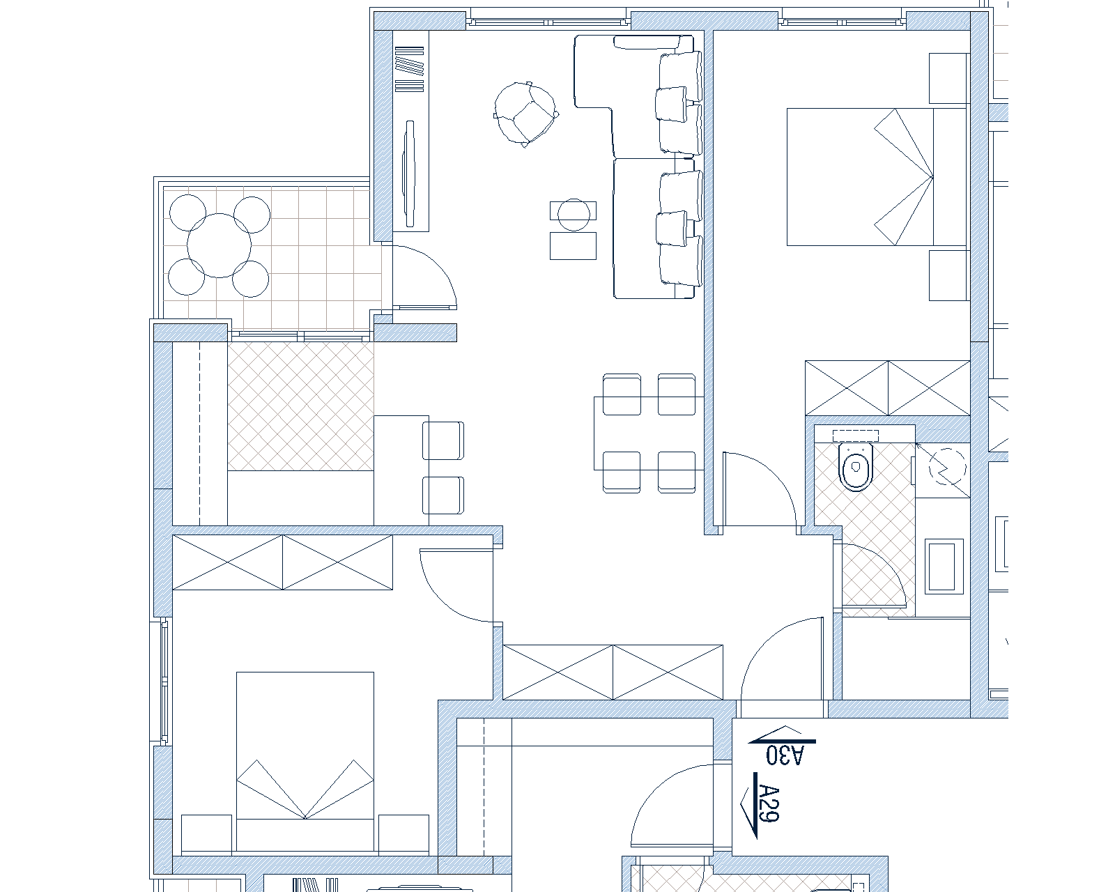 Apartment layout in Budva, Montenegro: living room with terrace, two bedrooms, kitchen and bathroom, top view.