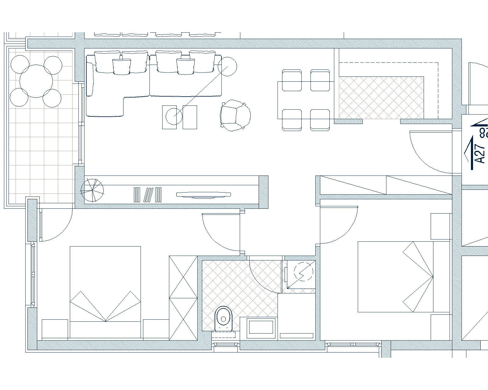 Apartment layout in Budva, Montenegro: two bedrooms, a living room with access to the terrace, and a kitchen. Housing project No. 1801.