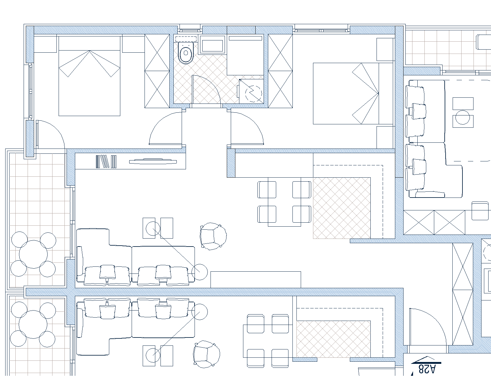 Apartment layout in Budva, Montenegro: two bedrooms, a living room with a dining area, and furnished terraces.