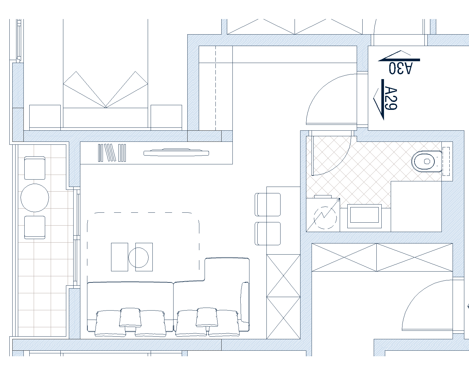 Apartment layout in Budva, Montenegro: living room with terrace, sleeping area, and bathroom, detailed floor plan of the property.