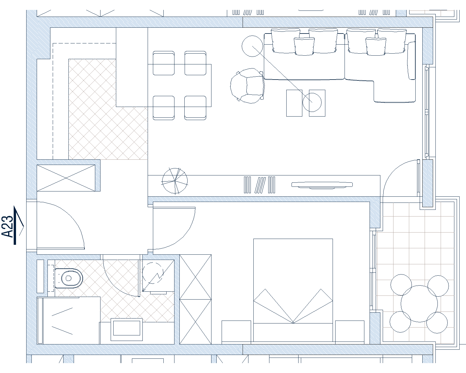 Apartment layout in Budva, Montenegro: living room with kitchen, bedroom, bathroom, and a balcony with a seating area.